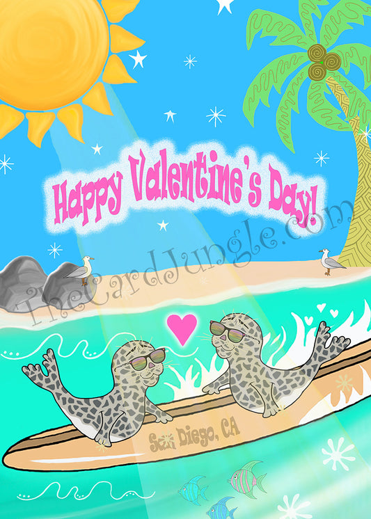 Happy Valentine's Day (Surfing Seals) Greeting Card (Card#: HVD6)
