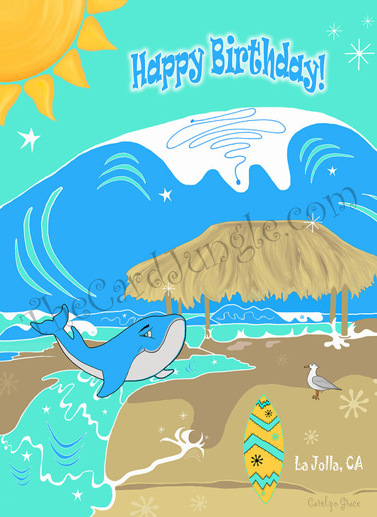 Happy Birthday! (Windansea Beach Scene with Whale) Greeting Card (Card #: HB33)