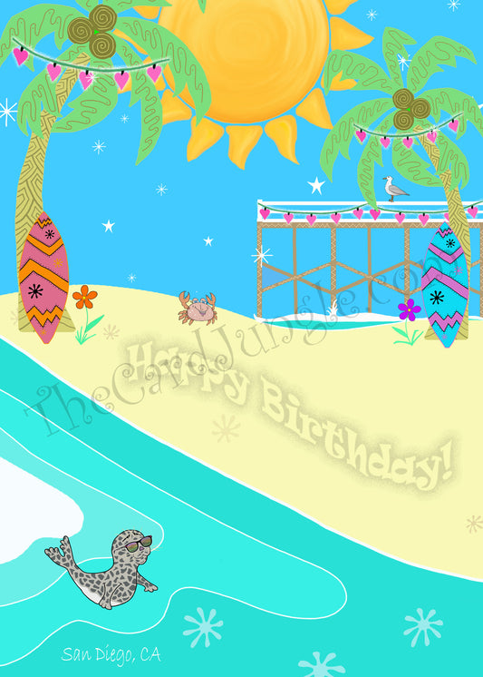Happy Birthday (Beach Scene with Heart Lights) (Card#: HB34)