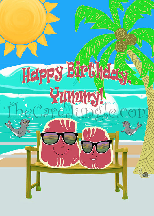 Happy Birthday, Yummy (Steaks on Bench) Greeting Card (Card#: HB26)