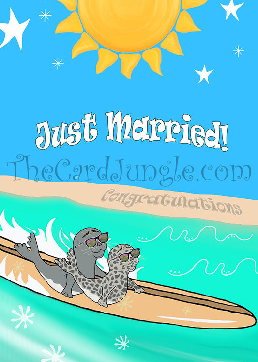 Just Married (Surfing Seals) Greeting Card (Card#: C9)